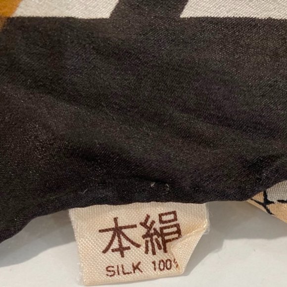 Old 100% Silk Scarf Black Brown Ivory Diagonal Stripe Peach Flowers 30" Square - Picture 5 of 6